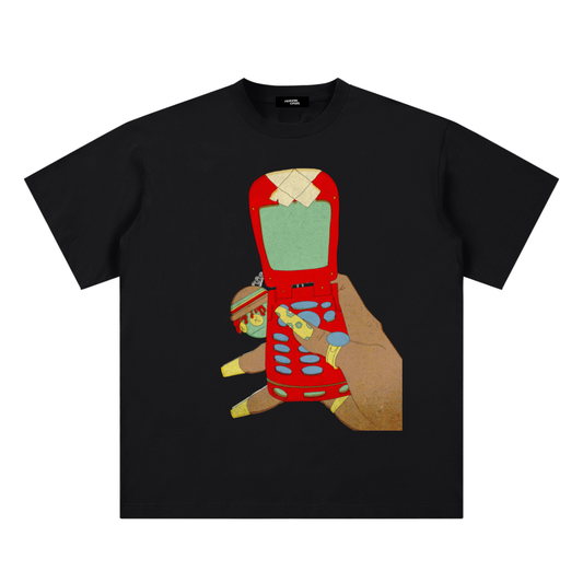 The Flip Phone Tee - black Y2K graphic t-shirt with red flip phone print, front view