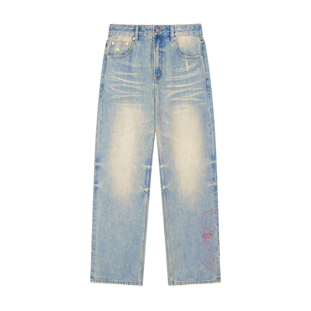 Sun Fade Raw Hem Denim Jeans
