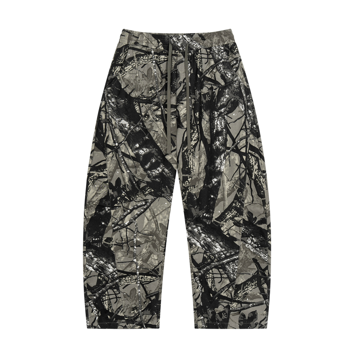 The Tree Line Barrel Pants - realistic tree camo barrel-leg pants, front view
