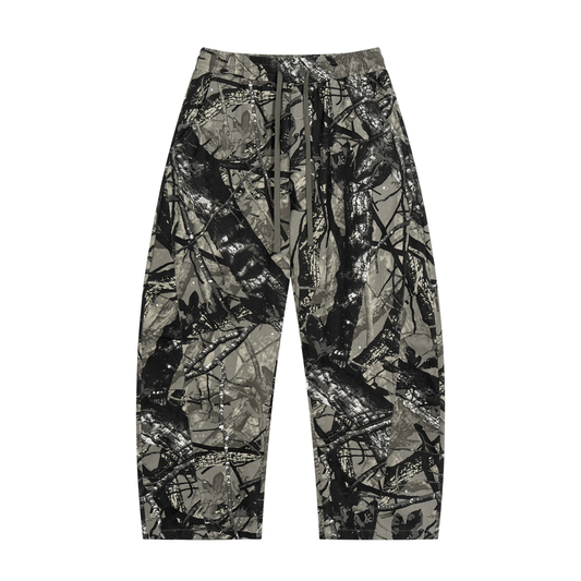 The Tree Line Barrel Pants - realistic tree camo barrel-leg pants, front view