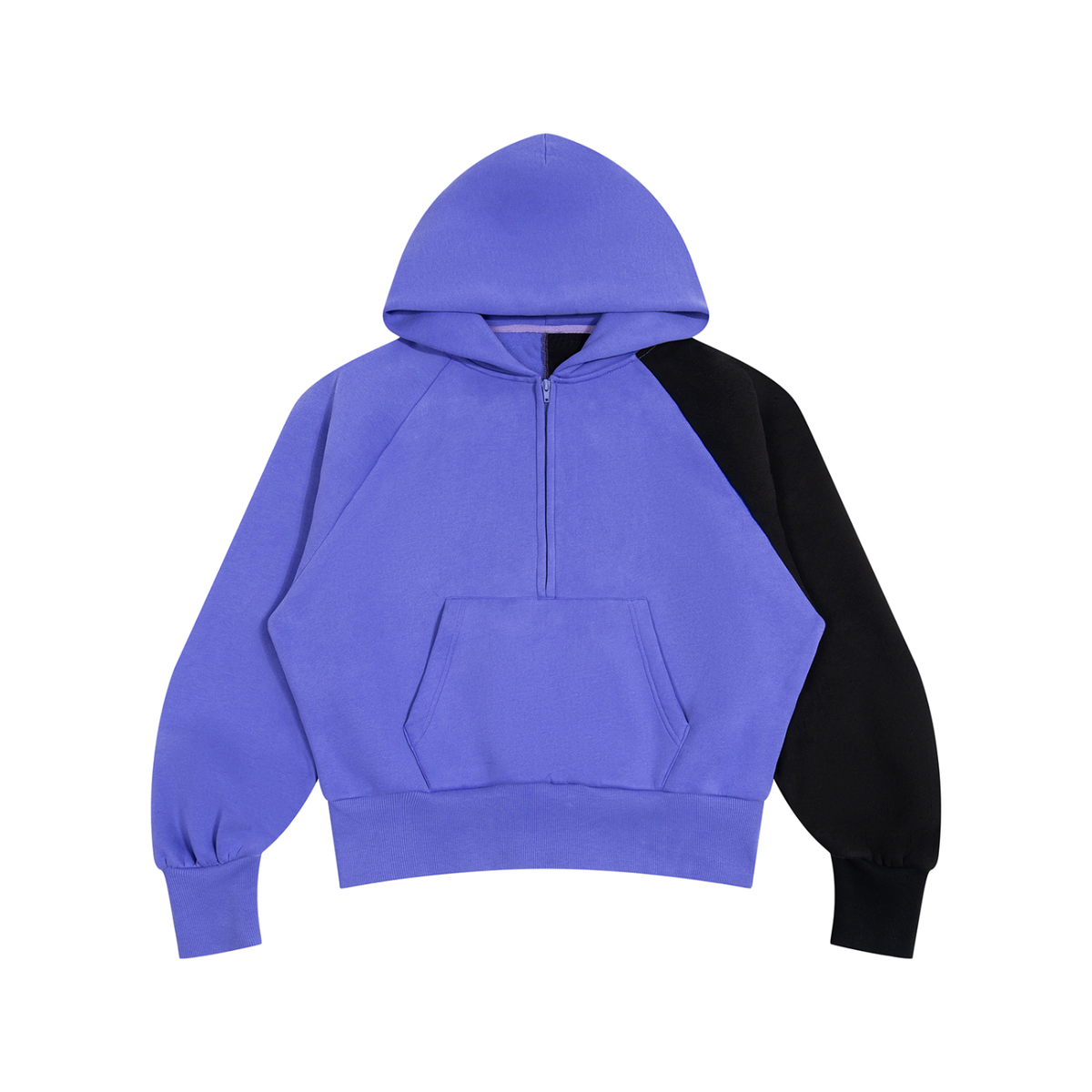 The Halftime Hoodie - purple and black color-block quarter-zip hoodie, front view
