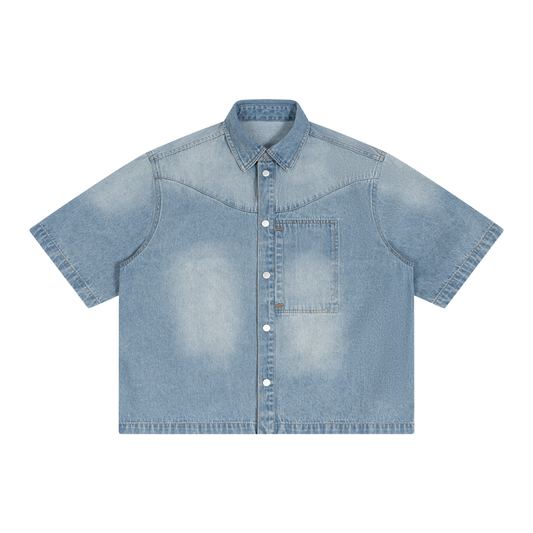 The Rodeo Shirt - light blue vintage-wash western denim shirt with pearl snaps, front view