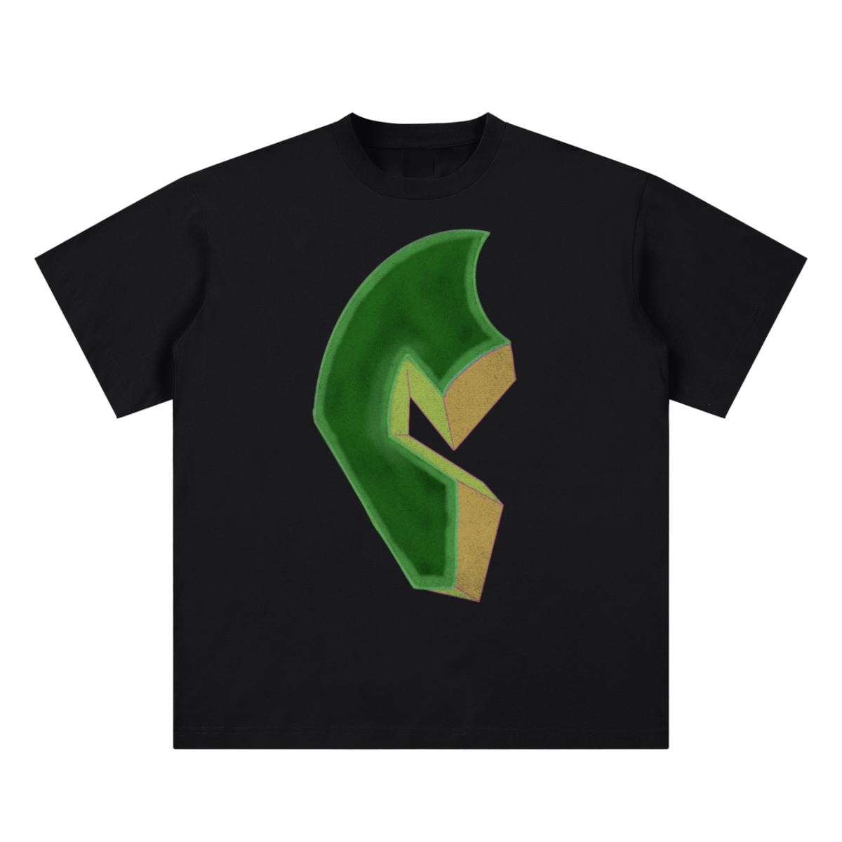 The Gilded C Tee - black t-shirt with green and gold faceted C graphic, front view