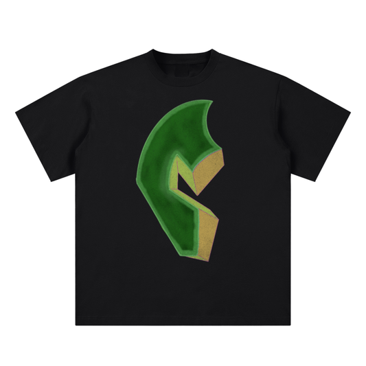 The Gilded C Tee - black t-shirt with green and gold faceted C graphic, front view