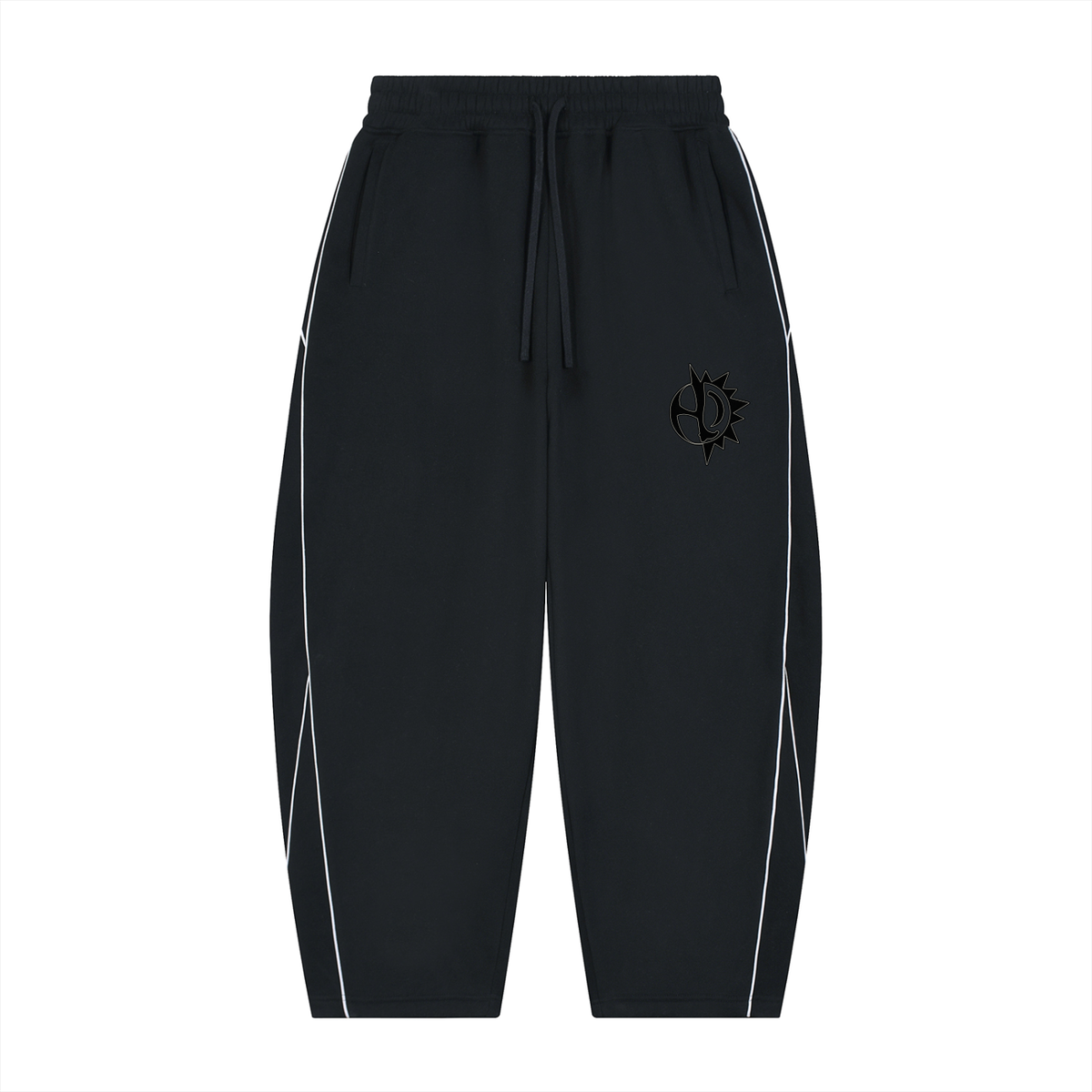 The Golden Hour Sweatpants - black barrel-leg sweatpants with white side piping, front view