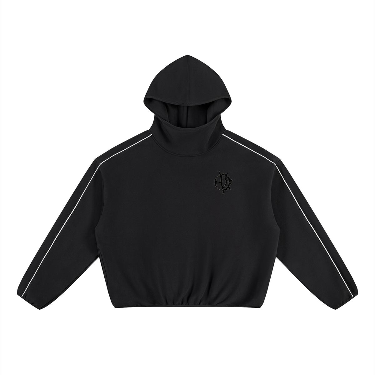 The Golden Hour Hoodie - black cropped boxy hoodie with white piping, front view