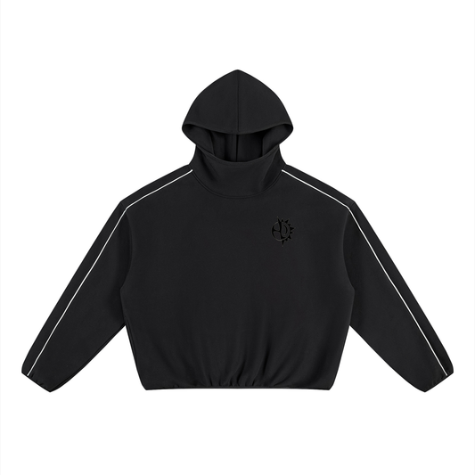 The Golden Hour Hoodie - black cropped boxy hoodie with white piping, front view