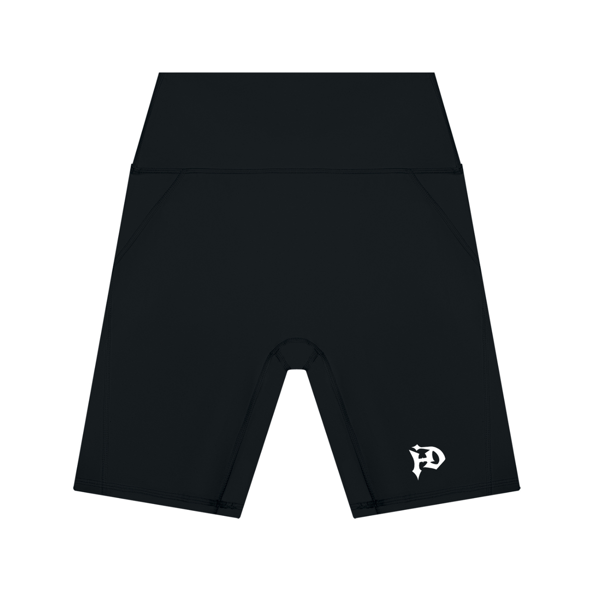 The Short Walk Shorts - black high-waisted yoga shorts with HD logo, front view