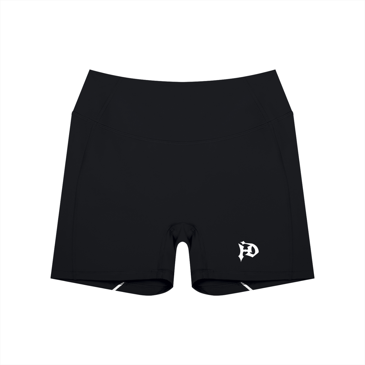 The Long Ride Shorts - black high-waisted biker shorts with HD logo, front view